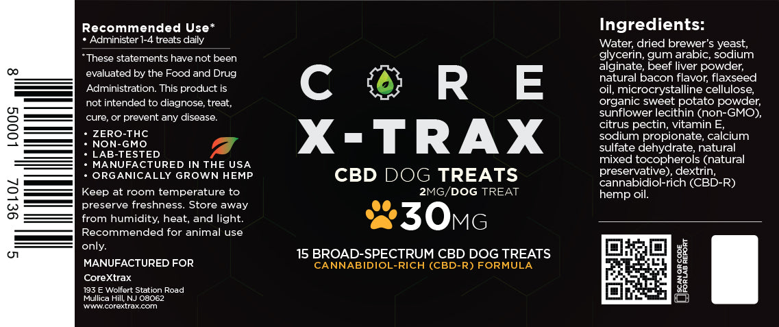 CoreXtrax CBD Dog Treats label