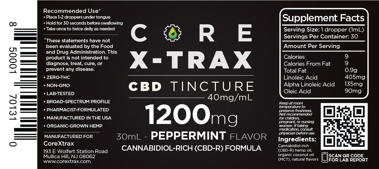 CoreXtrax CBD 1200mg Tincture Peppermint label