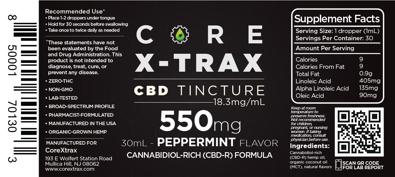 CoreXtrax CBD 550mg Tincture Peppermint label